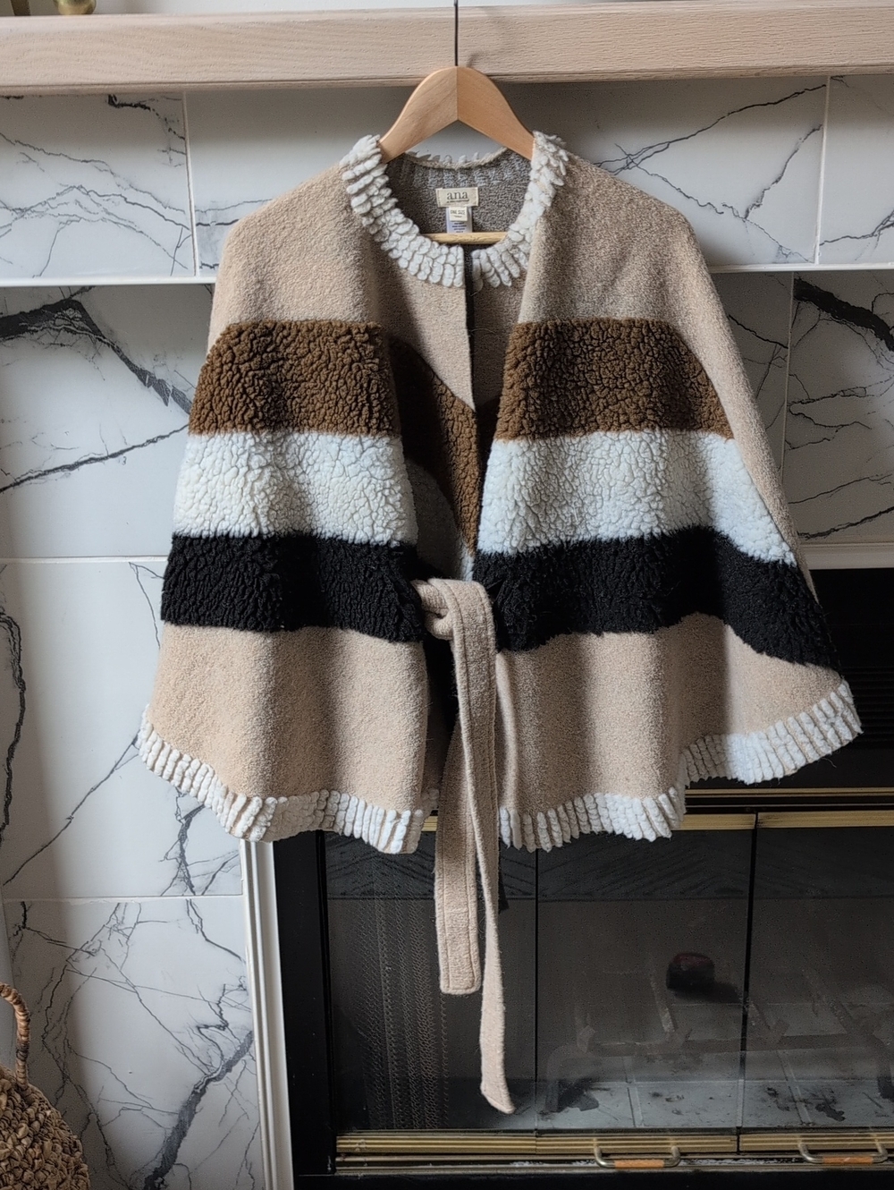 a.n.a A New Approach Beige Striped Sherpa Cape with Belt